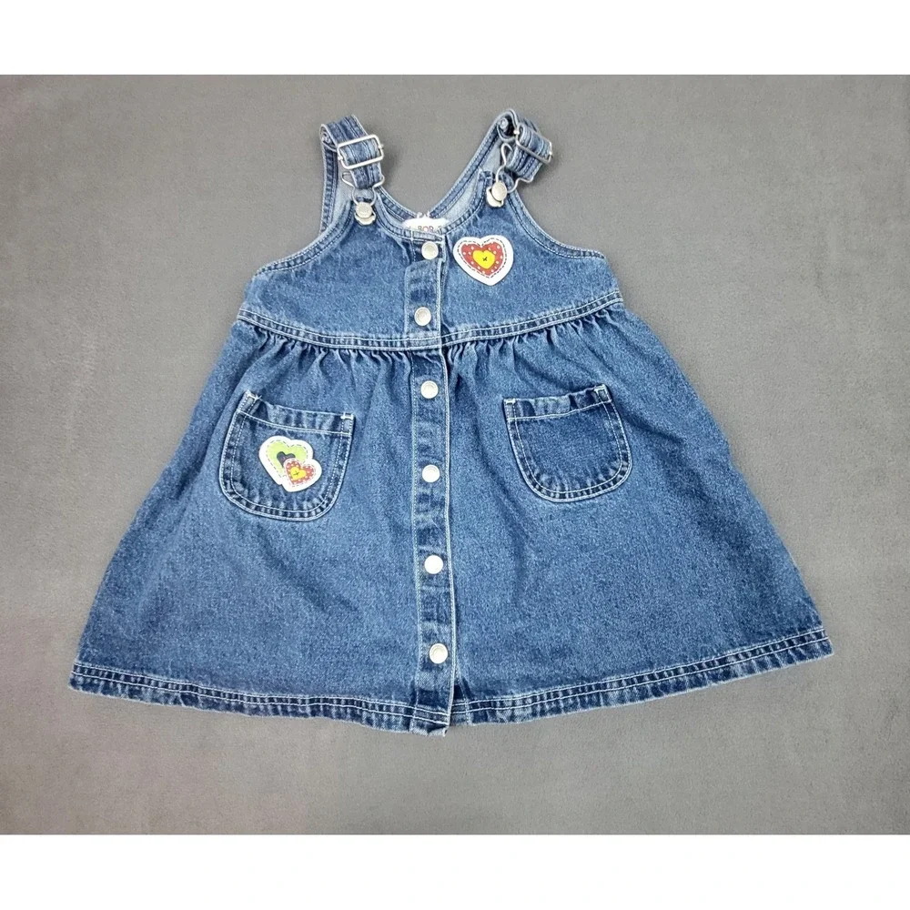 Vintage Gymboree Denim‎ Pinafore Dress Medium M 3-4 Years Heart Bird Patches